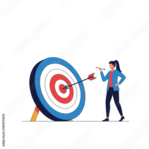 Woman aiming dart at bullseye target strategy business success concept