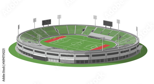 Modern isometric soccer stadium with athletic track and green seats