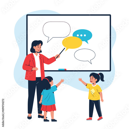 Teacher educating young students about communication skills and ideas in a classroom setting using a whiteboard