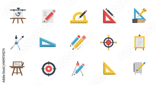 Colorful flat icons of drafting tools and stationery elements for design and education