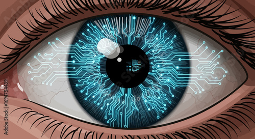 Futuristic cybernetic eye with a glowing blue circuit iris, symbolizing artificial intelligence, digital vision, and advanced technology