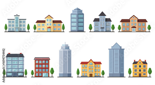 Variety of urban buildings and houses in a flat design for modern architecture projects