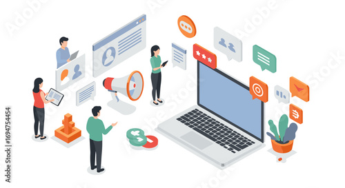 Isometric team collaboration and digital communication concept with laptop and interactive elements