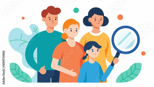 Family Members with Magnifying Glass A group of family members standing together each holding a magnifying glass that focuses on different aspects of a genetic report symbolizing