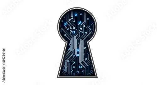 Cybersecurity concept showing a digital keyhole with a glowing blue circuit board, symbolizing data protection and network security