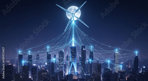 Futuristic smart city at night powered by a network of renewable wind energy under a full moon, a concept of sustainable technology