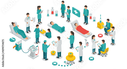 Medical team in hospital setting with patients and healthcare professionals in isometric design