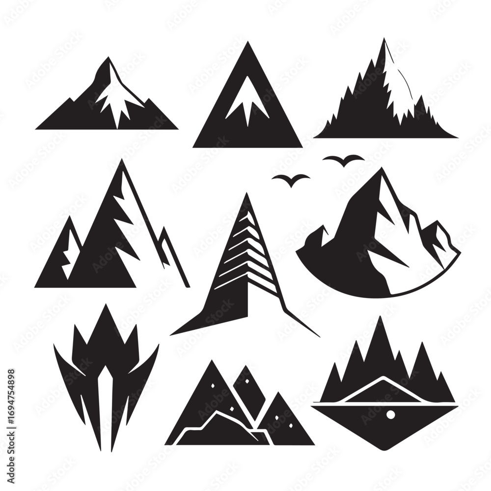 Obraz premium Collection of nine black mountain peak logos and icons, isolated on a white background, representing nature and adventure