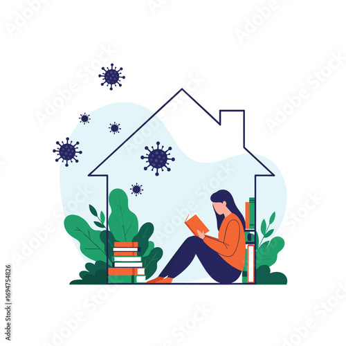 Person reading a book inside a house surrounded by viruses during the pandemic lockdown
