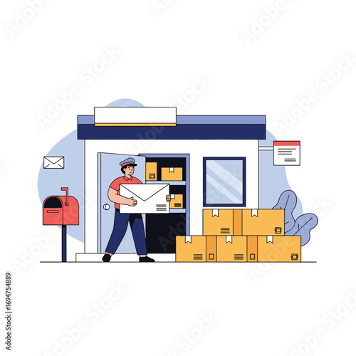 Delivery service worker bringing a package to the post office for shipping and postage services