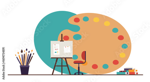 Artistic workspace with easel and colorful palette in minimal flat design
