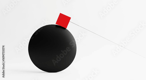 Minimalist 3D Render of a Black Sphere with a Red Square on Top Connected by a Thin Line