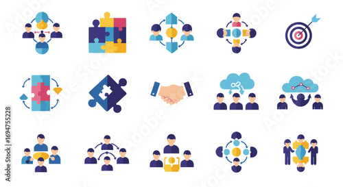 Collaborative teamwork and business strategy icons set