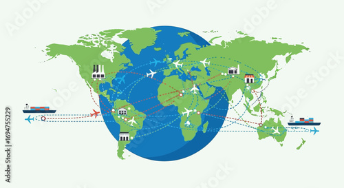 Global logistics network and international trade concept showing worldwide supply chain routes for freight and shipping