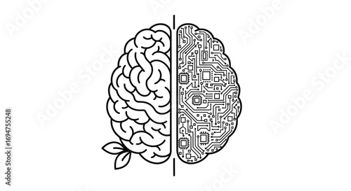 Conceptual illustration of a split brain comparing organic human intelligence with a digital artificial intelligence circuit board