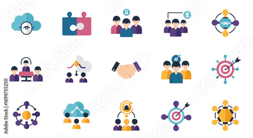 Colorful flat icons depicting teamwork and collaboration concepts