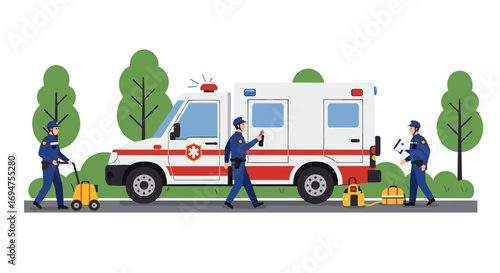 Emergency response team with ambulance in urban park setting