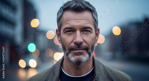 Close-up portrait of a man with gray hair and a beard, looking directly at the camera in a city setting at twilight.
