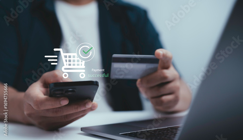 Quadro su tela Person making online payment with smartphone and credit card showing digital sho