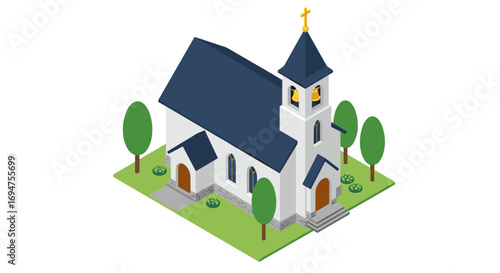 Isometric white church with blue roof in green landscape
