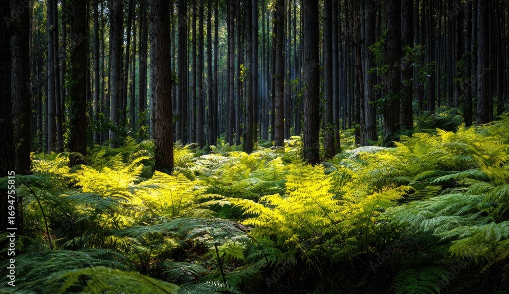 Obraz premium Sunlight filters through a dense pine forest, illuminating vibrant ferns