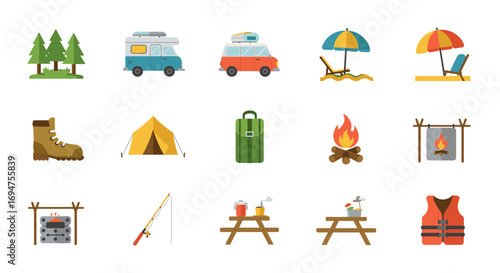 Flat icons of camping gear and outdoor activities with travel and adventure elements