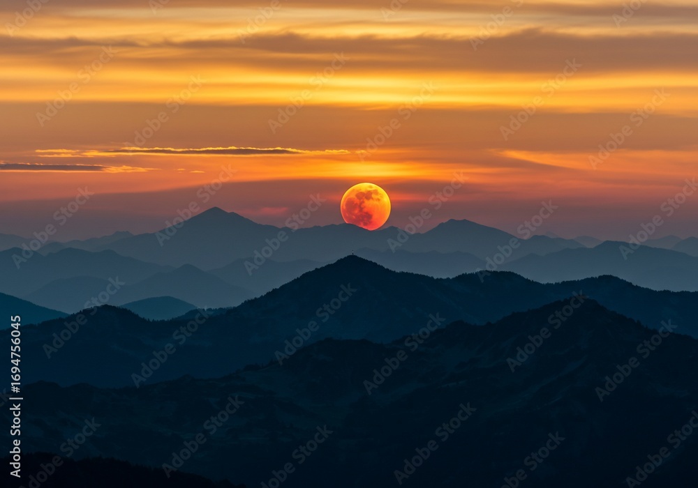 Fototapeta premium Blood Moon Rising Over Mountain Peaks at Sunset with Golden Sky