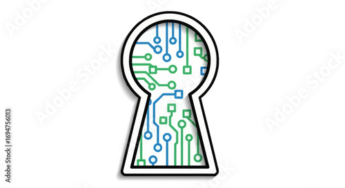 Keyhole illustration with an embedded electronic circuit pattern, symbolizing robust digital security, data protection, and secure access in a technological environment