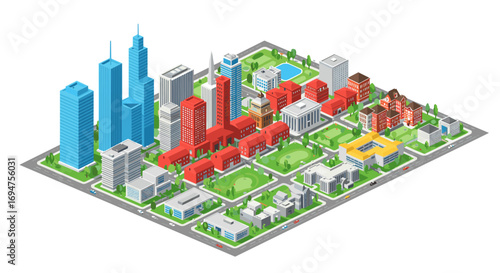 Isometric urban cityscape with skyscrapers, residential areas, and green spaces