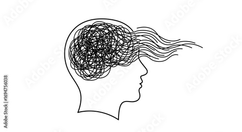 Conceptual line art illustration of a chaotic mind, representing stress, anxiety, and tangled thoughts unraveling from a human head