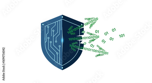 Cybersecurity shield protecting data from binary code, symbolizing digital security and data protection