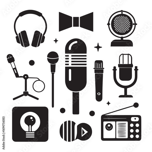 Collection of vintage and modern microphones, headphones, radio, and sound equipment icons isolated on white background