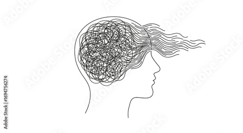 Conceptual art showing mental health challenges. A mind full of tangled thoughts and emotions, symbolizing stress, anxiety, and the complex inner world of the human psyche