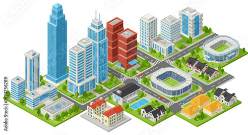 Isometric cityscape with skyscrapers, urban buildings, and green spaces
