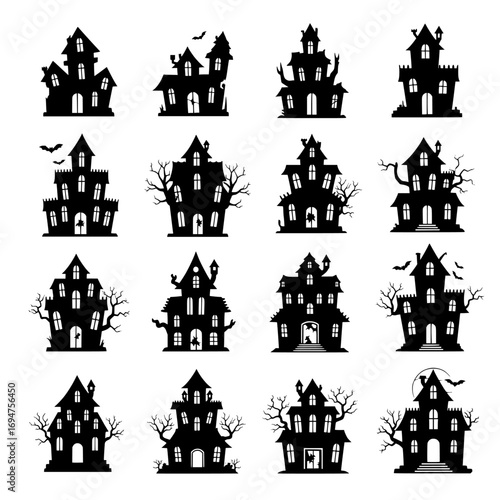 Black haunted house icons, spooky silhouettes, isolated Halloween vector set, evenly spaced, white background