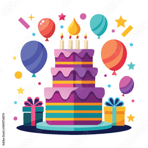 Colorful birthday cake with candles and balloons, festive celebration, party elements, gift box, and confetti, happy event illustration