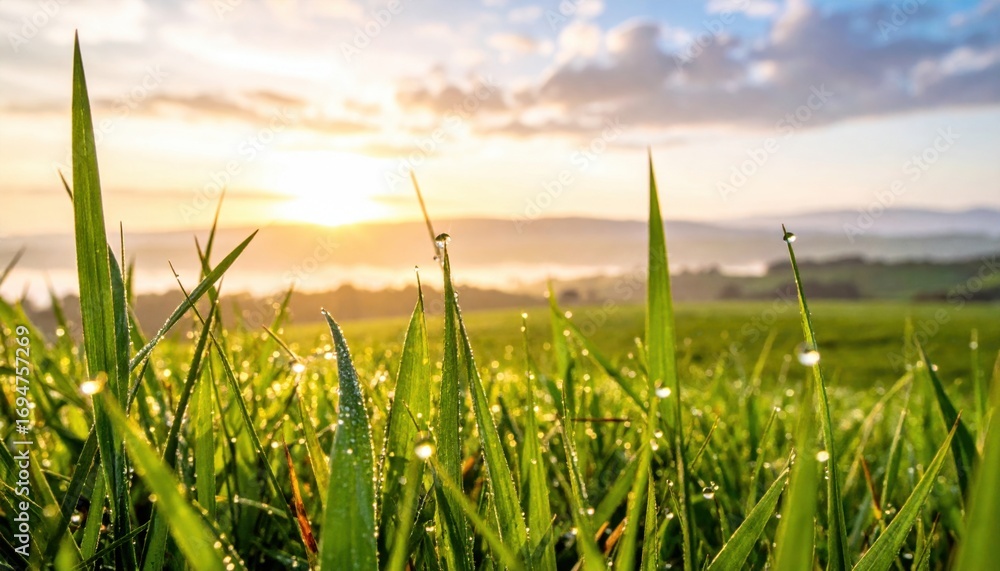 Fototapeta premium Sunrise Over Dewy Grass Field