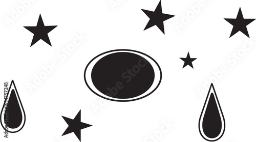 Symbolic monochrome illustration of a celestial night sky with falling stars and cosmic teardrops surrounding an empty oval frame