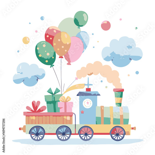 Colorful cartoon train carrying gifts and balloons, isolated on white background