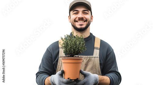 Smiling gardener proudly presents healthy potted plant, ready for professional planting or home decor, Isolated on white background