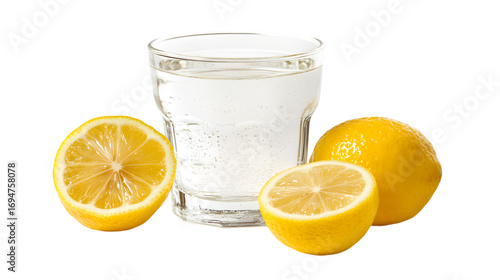 Fresh water glass with lemon slices, Isolated on white background