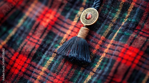 A traditional Scottish kilt with a decorative button and tassel, set against a red and green tartan background.