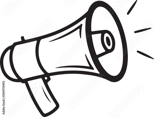 Black and white hand drawn vector illustration of a megaphone loudspeaker bullhorn