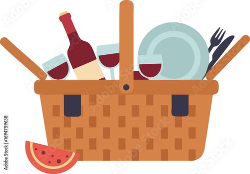 Picnic basket with wine, glasses, dishes and watermelon illustration