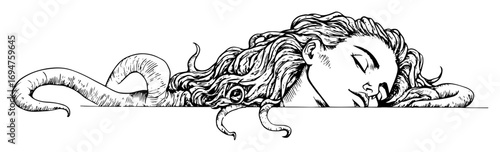 medusa head with snake hair black and white vector illustration