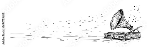 abandoned vintage gramophone covered in dust black and white vector illustration