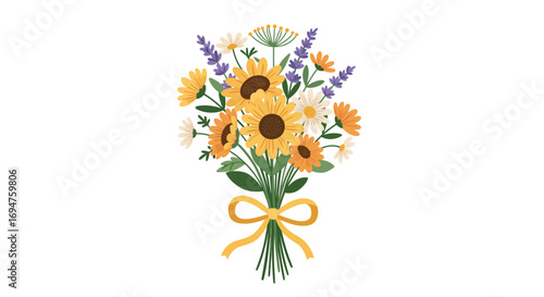 A bouquet of sunflowers daisies and lavender tied with a yellow bow