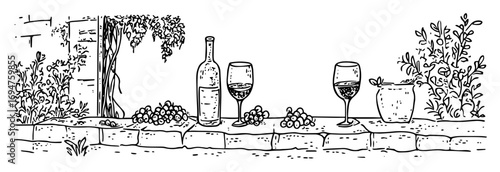 hand drawn wine bottles and glasses with vineyard