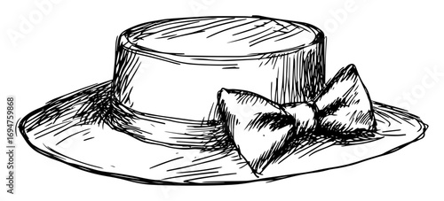 Fotografie vintage ladies boater hat with a bow hand drawn sketch illustration