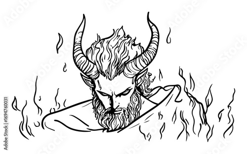 demon head surrounded by flames hand drawn vector sketch illustration